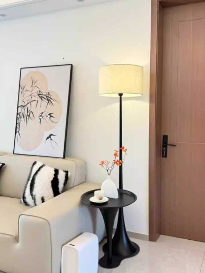 Vintage Fabric Floor Lamp Living Room Sofa Side Standing Lamp Antique Home Shelf Lamp LED Light Bedroom Bedside Lamp With Table M251119