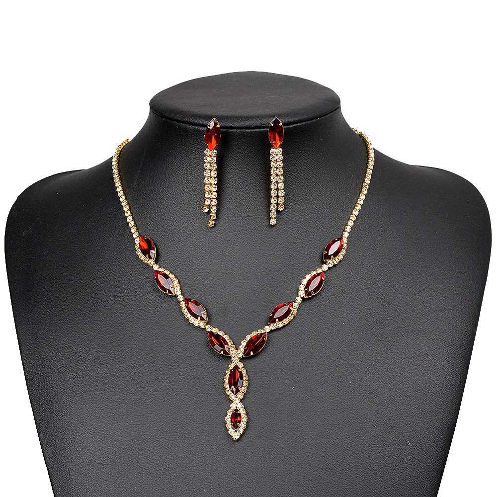 BLIJRY Gold Red Crystal Wedding Party Jewelry Set Female Accessories Charm Necklace Earrings Bridal Jewelry SetT250419