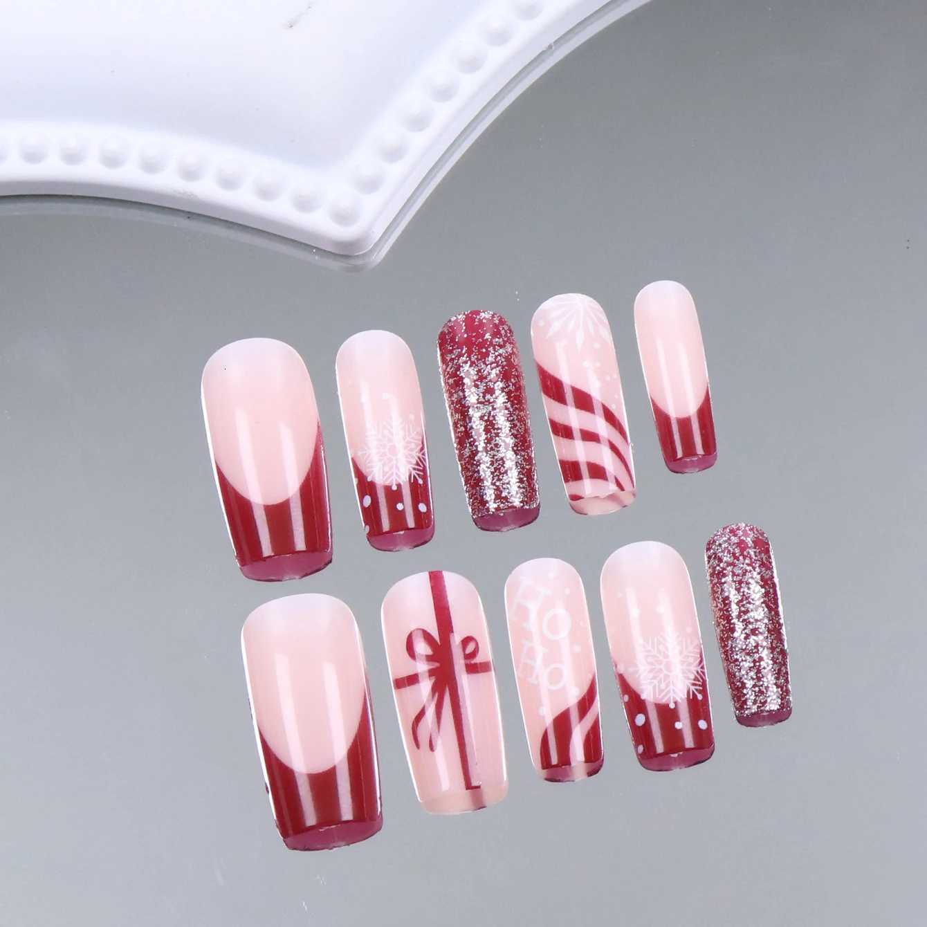 24PCS Christmas Red Square Snowflake Fake Nail with Red and White Stripes and Sparkling Powder Design Fake Nail ChristmasT251118T251119