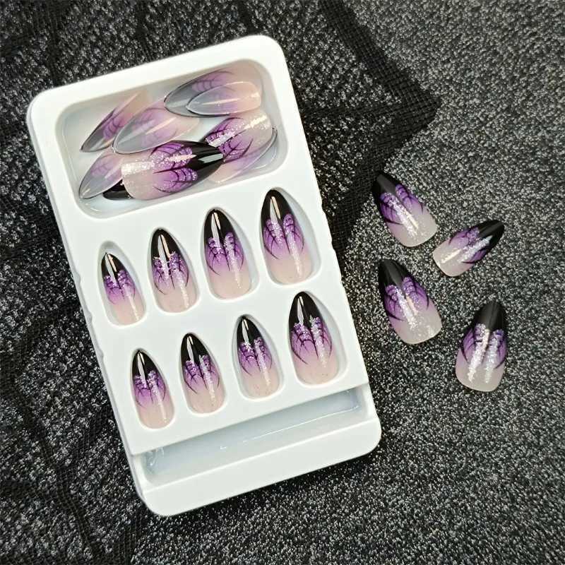 24pcs Halloween Spider Web Purple Almonds Fake Nails Press on Acrylic Tips for Nails Fingernails Decorated False Nails with GlueT251118T251119
