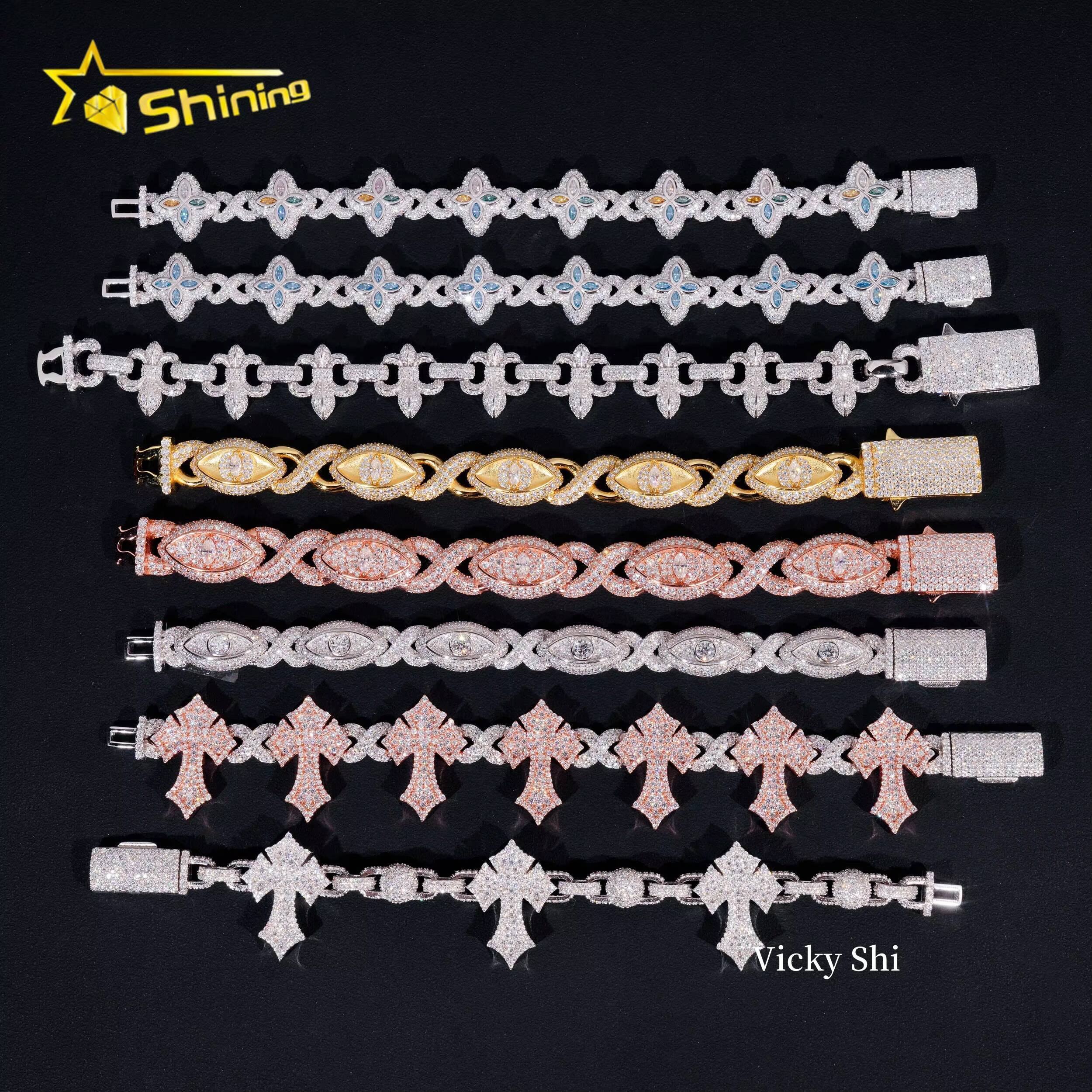 Men Hot Selling Moissanite Bracelets Collection Iced Out 925 Sterling Silver Moissanite Cross Evil Eyes Cuban Bracelet