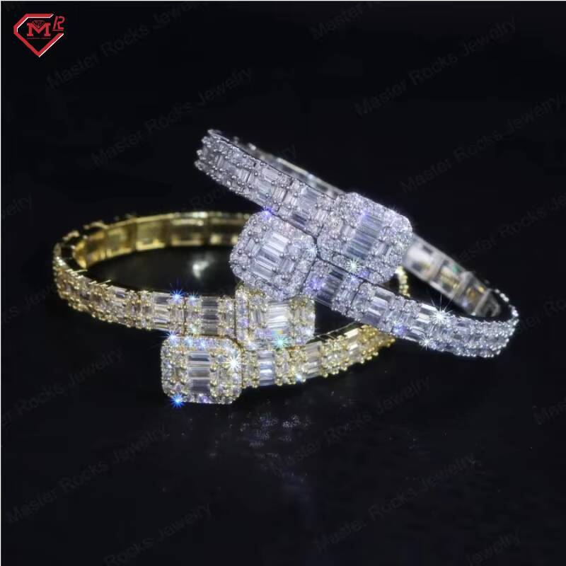 Hip Hop Jewelry Moissanite Bangle Baguette 925 Sterling Silver Vvs Iced Out Moissanite Bracelet