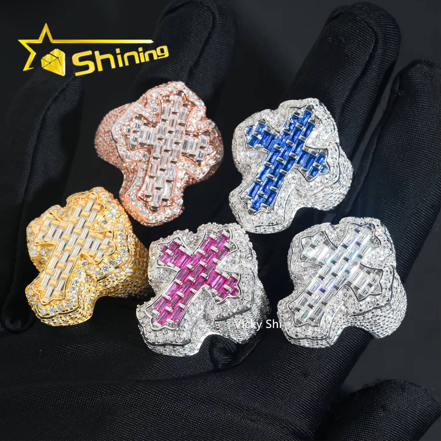 Iced Out Moissanite Mens Ring 925 Sterling Silver VVS Moissanite Cross Ring GRA Custom Hip Hop Ring Moissanite Jewelry