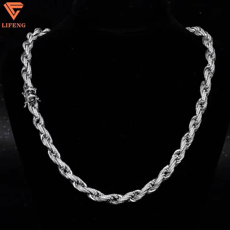 Custom 8mm White Gol Rope Necklace Iced Out VVS Moissanite 925 Sterling Silver Rope Chain for Women Fashion Party Jewelry