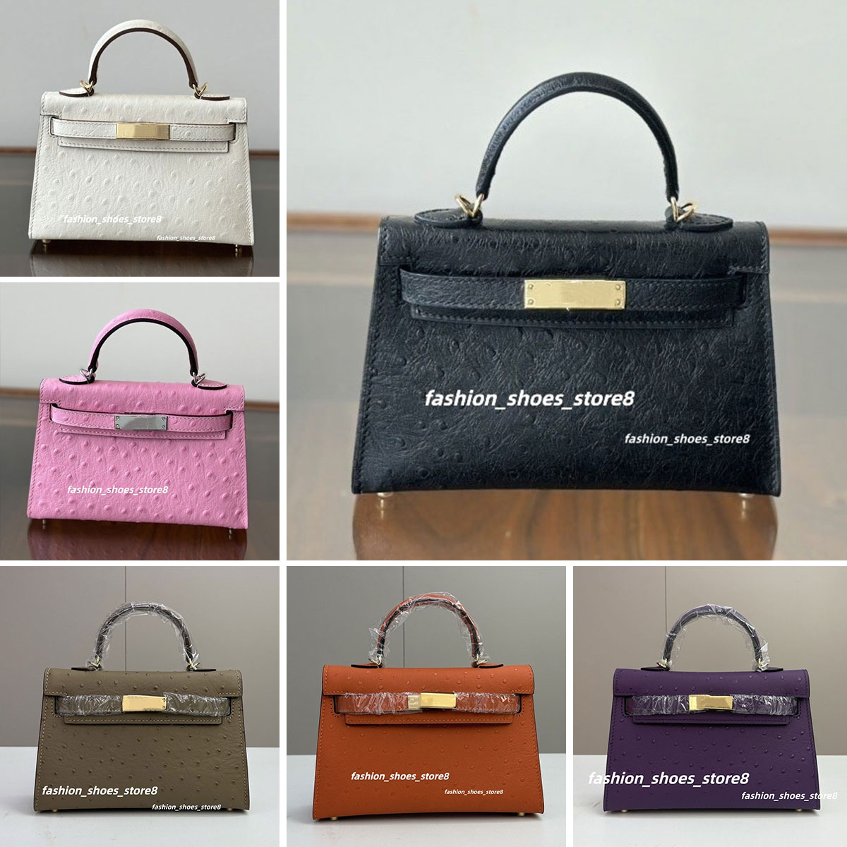 Women Handbag Ostrich Skin Genuine Leather Handswen 19cm 21cm Second Generation Mini Size Fashion Purse Bags fg