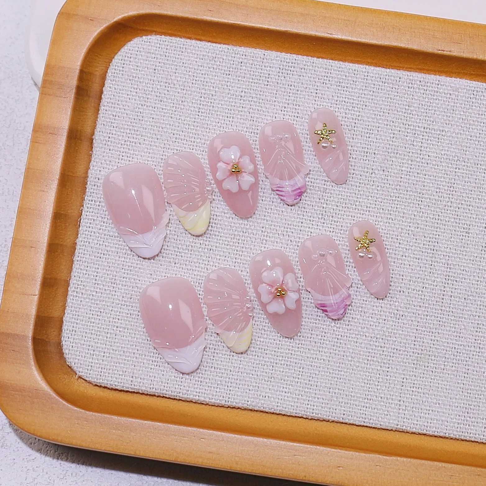 10Pcs 3D Flower Almond Handmade Press on Nails Fake Nails Wearable Stick-on Nails False Nail Uas Postizas T251118T251119