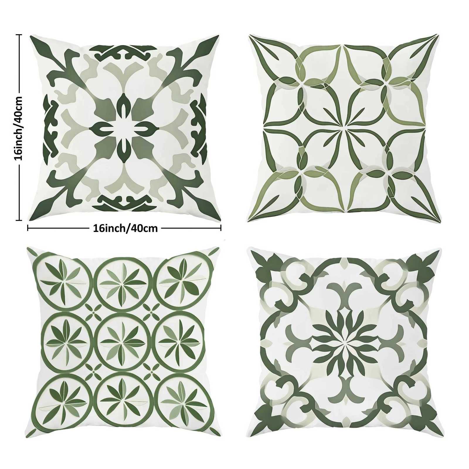 4pcs Bohemian Floral Velvet Throw Covers - Green White Soft Decorative cases with Zipper Closure One-Sided PrintM251119