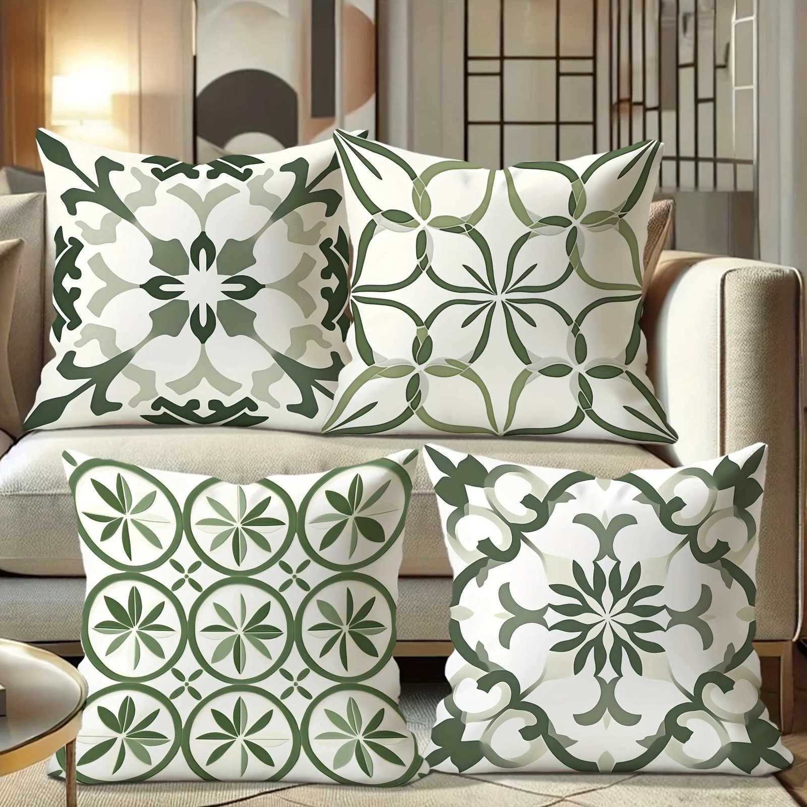 4pcs Bohemian Floral Velvet Throw Covers - Green White Soft Decorative cases with Zipper Closure One-Sided PrintM251119