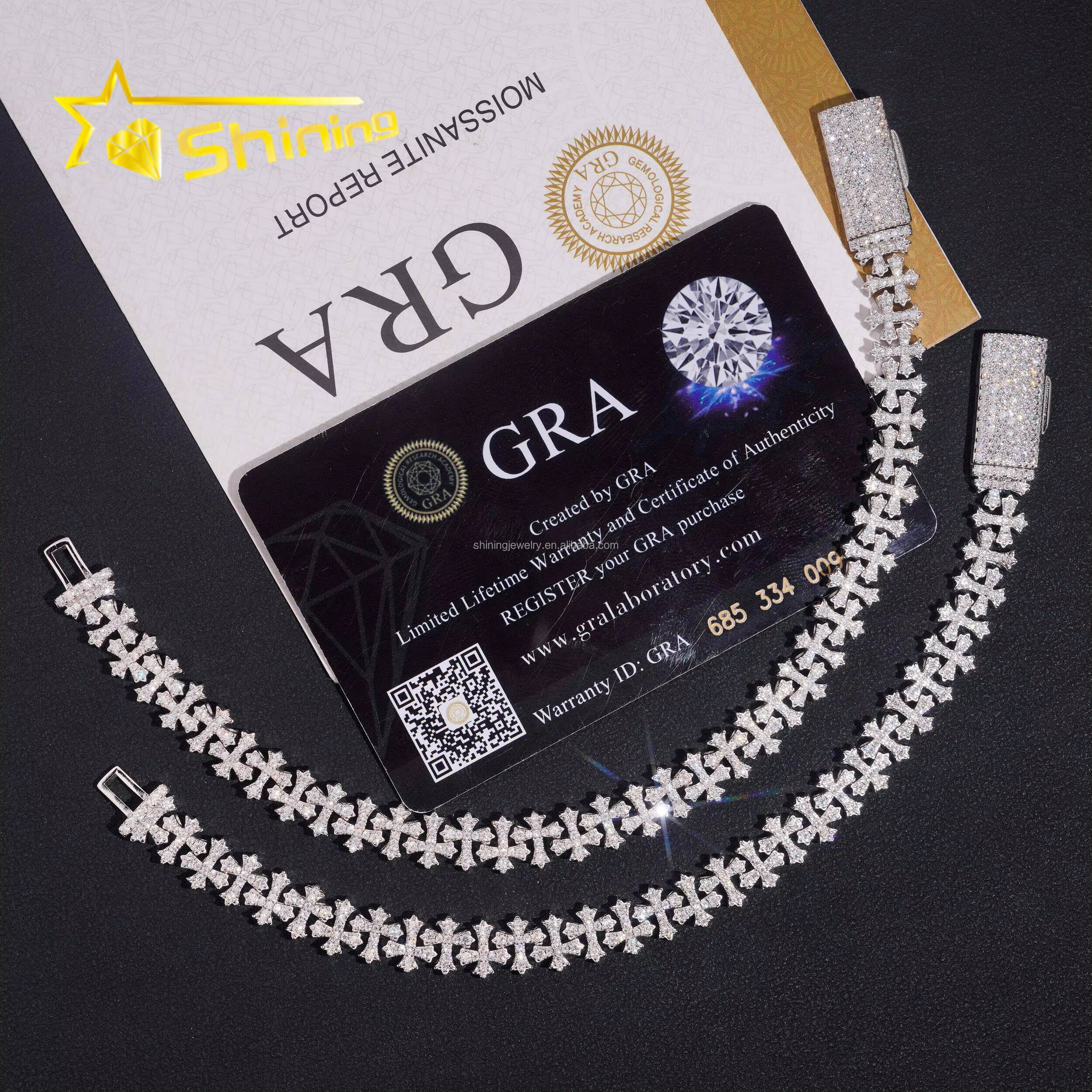 Pass Diamond Tester Luxury Jewelry Hip Hop VVS1 Moissanite Diamond Iced Out GRA Certificate S925 Silver Cuban Cross Bracelet