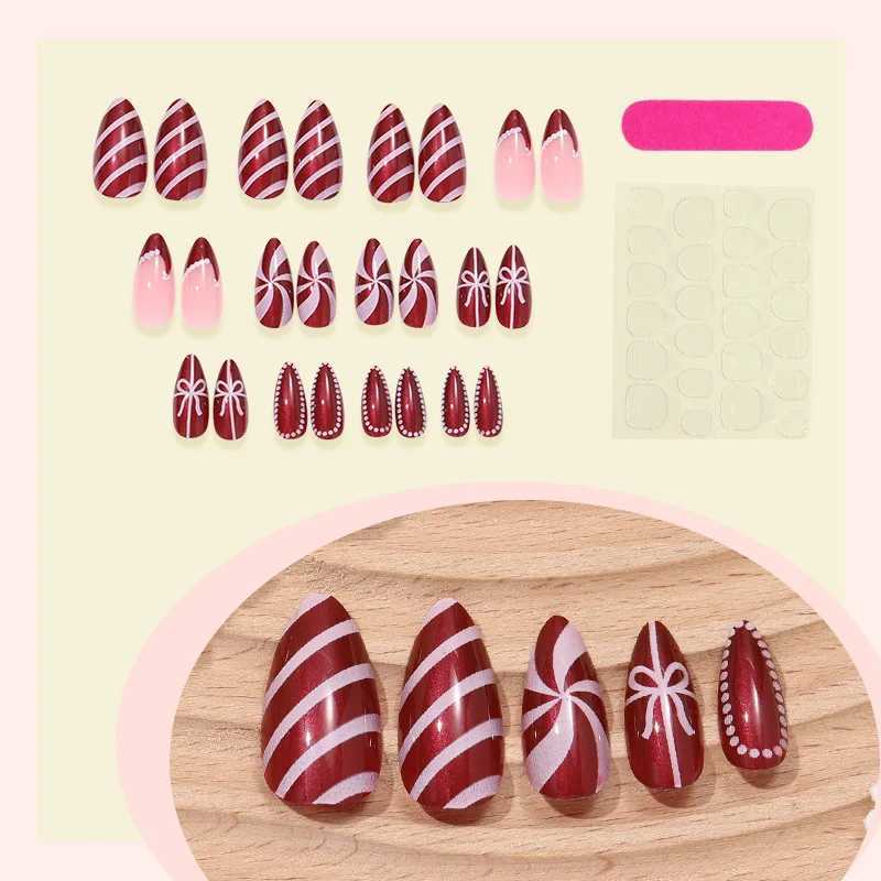 24PCS Christmas False Nails Red Stripes Bow Gift Glossy Almond Press on Nails Snowman Santa Wearable Fake Nails for Women PatchT251118T251119