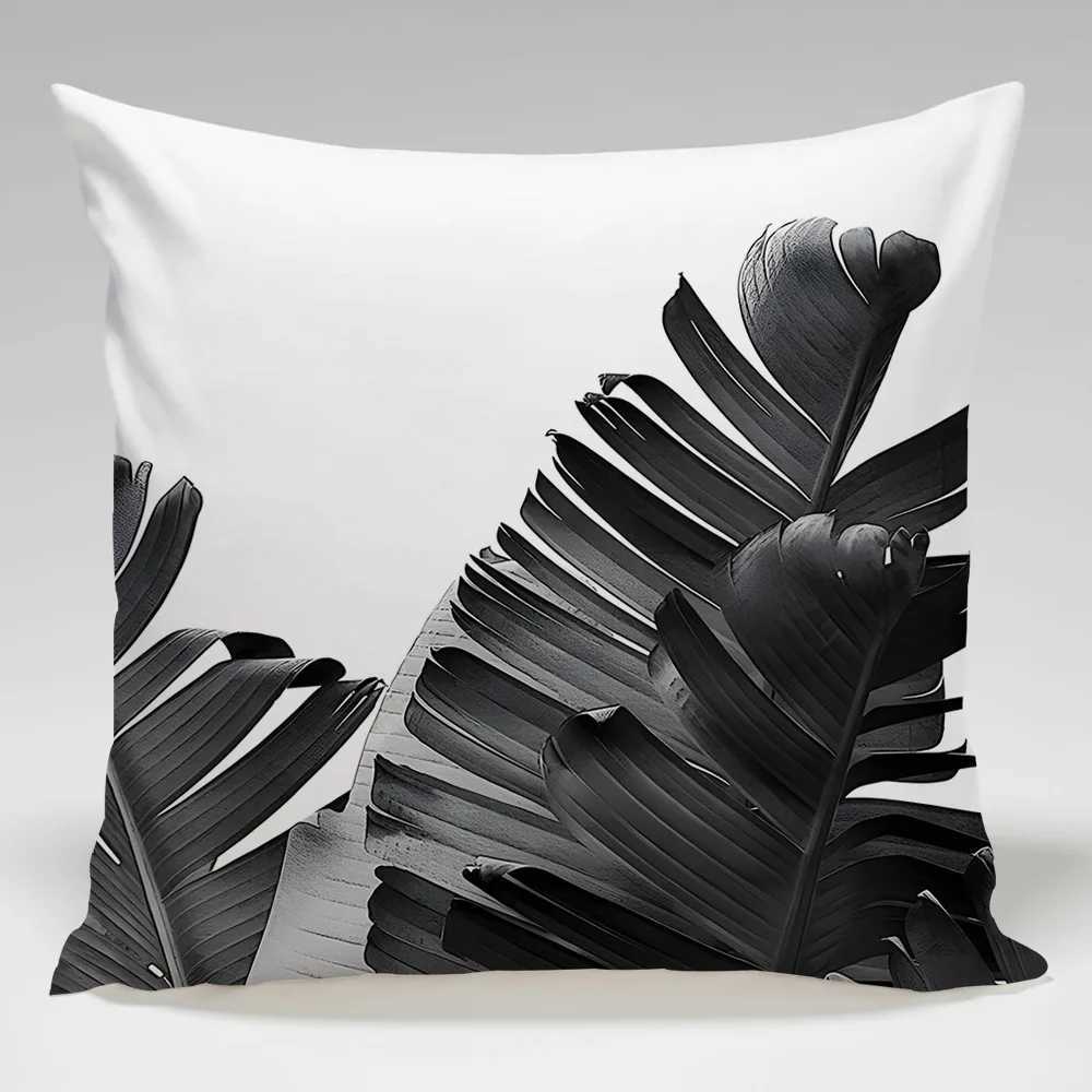 Black and white tropical plants throw cover with short plush print for living room sofa decoration cushion coverM251119