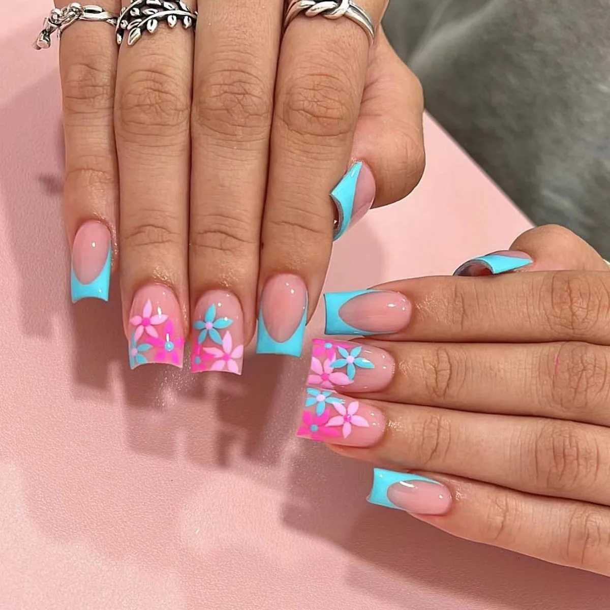 24Pcs Short Square Head Fake Nail with Colorful Flower Designs Wearable French False Nails Ballet Finished Jelly Stick on NailsT251118T251119