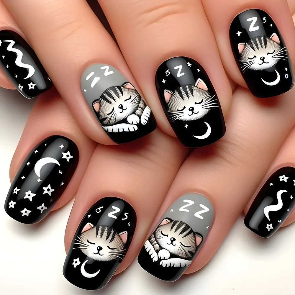 24pcs Cartoon Animal Print Fake Nails Rabbit Pigeon Sheep Cat pattern Korean Press on Nails for Women Girl Wearable False NailsT251118T251119