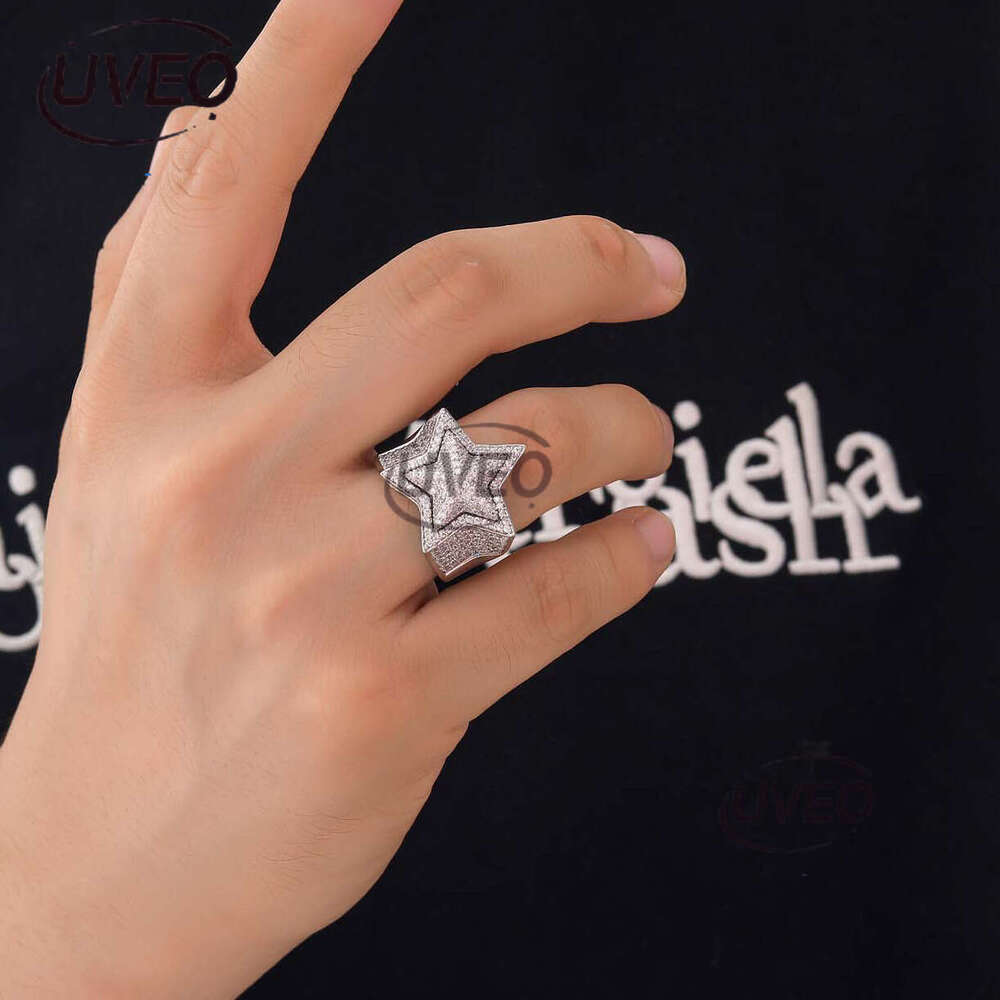 Luxury designer Hip Hop Ice out VVS Moissanite 3D five-point star double copper plated real gold Men women Hip hop rings