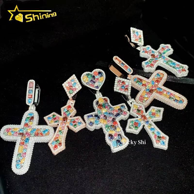 Hip Hop Pendant Iced Out 925 Silver Multi Color Moissanite Cross Pendant High Quality Custom Pendant Moissanite Jewelry for Men