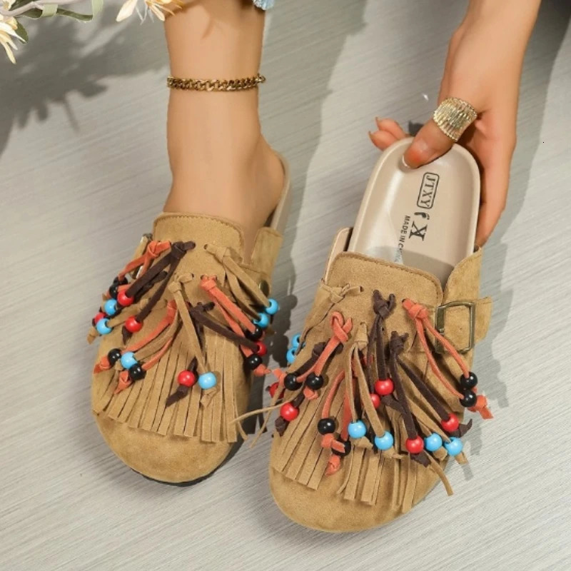 Women Mules Shoes Flats Suede Womens Sandals Fringes Summer Fashion Slippers Walking Dress Cozy Mujer Sandalias 250418
