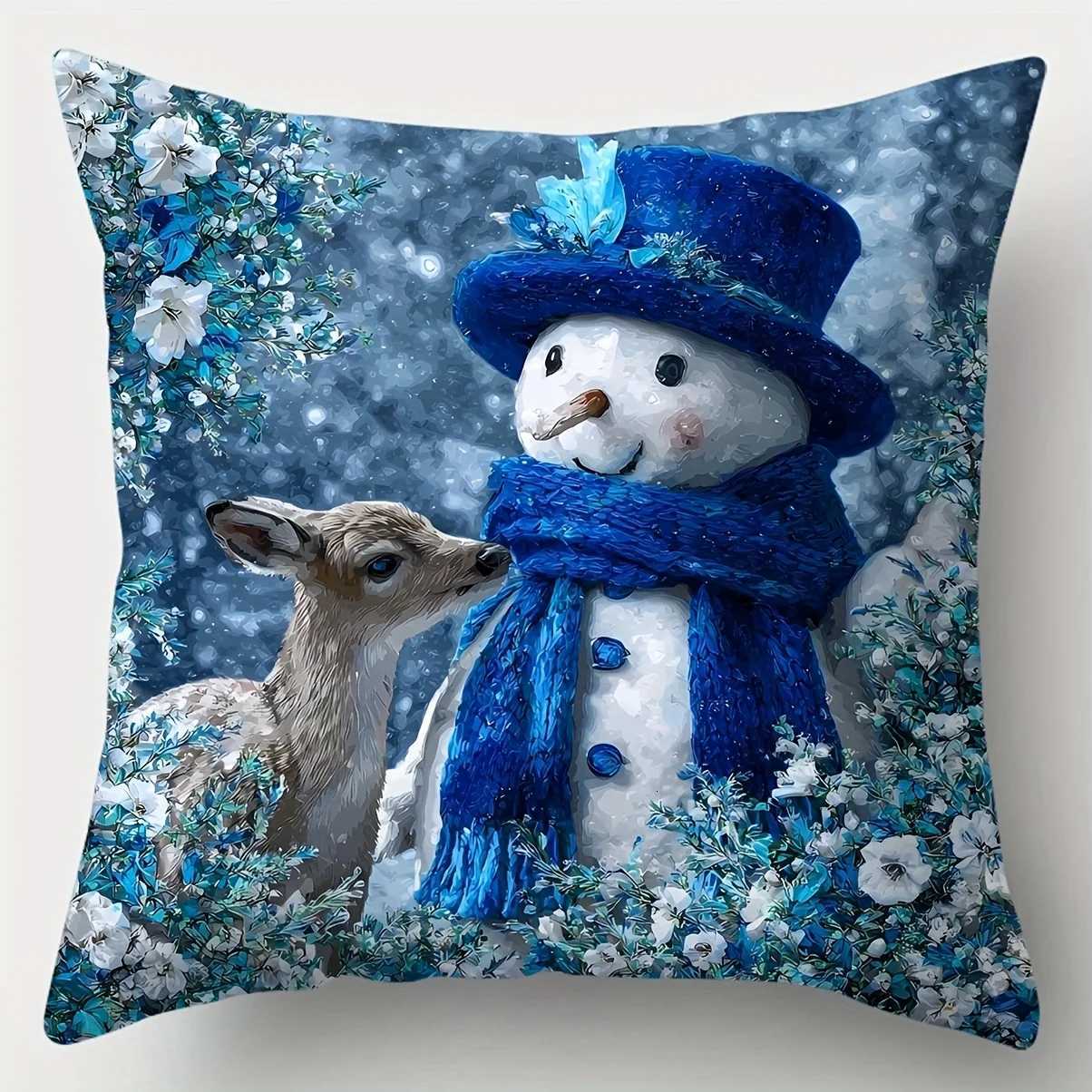 4pcs Christmas Covers Royal Blue with Snowman Blue-White Floral Fireplace Design Festive Decor for Living Room SofaM251119