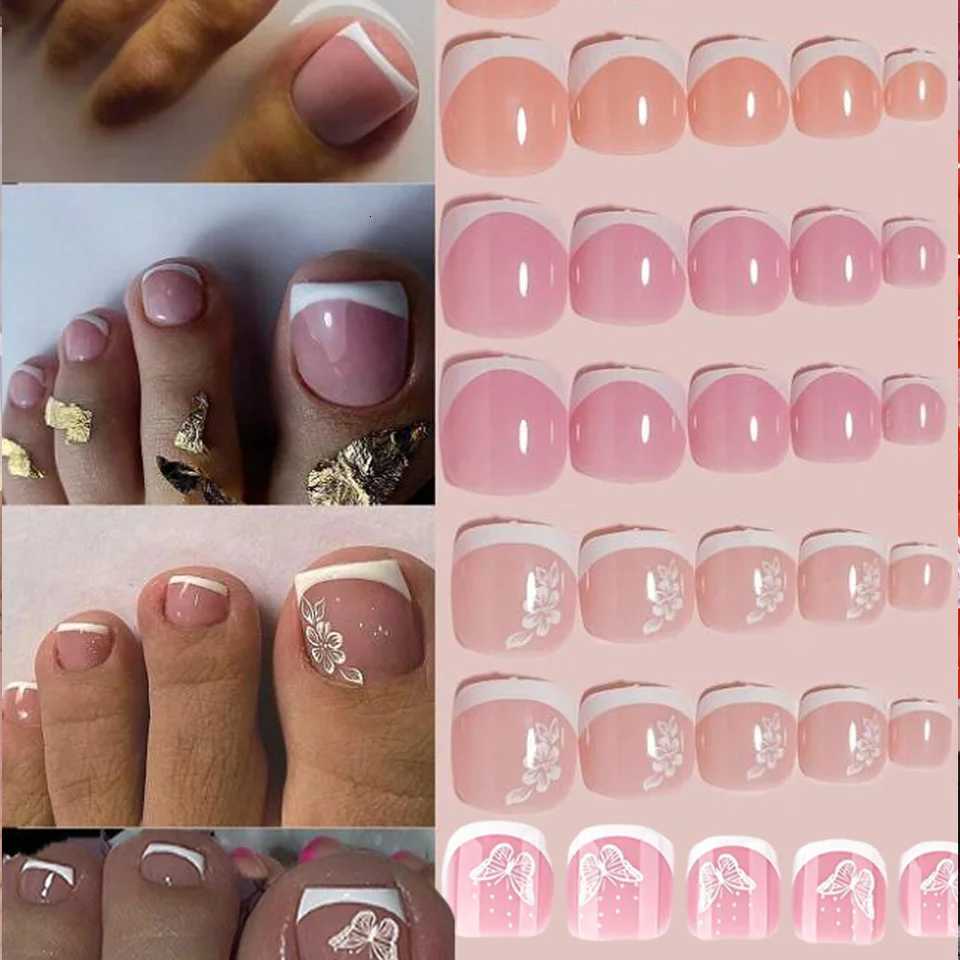 96Pcs/Box French Fake Toenails Butterfly/Flower Design Short Square Press On Toenail Glossy Full Cover False Toe Nail ExtensionT251118T251119