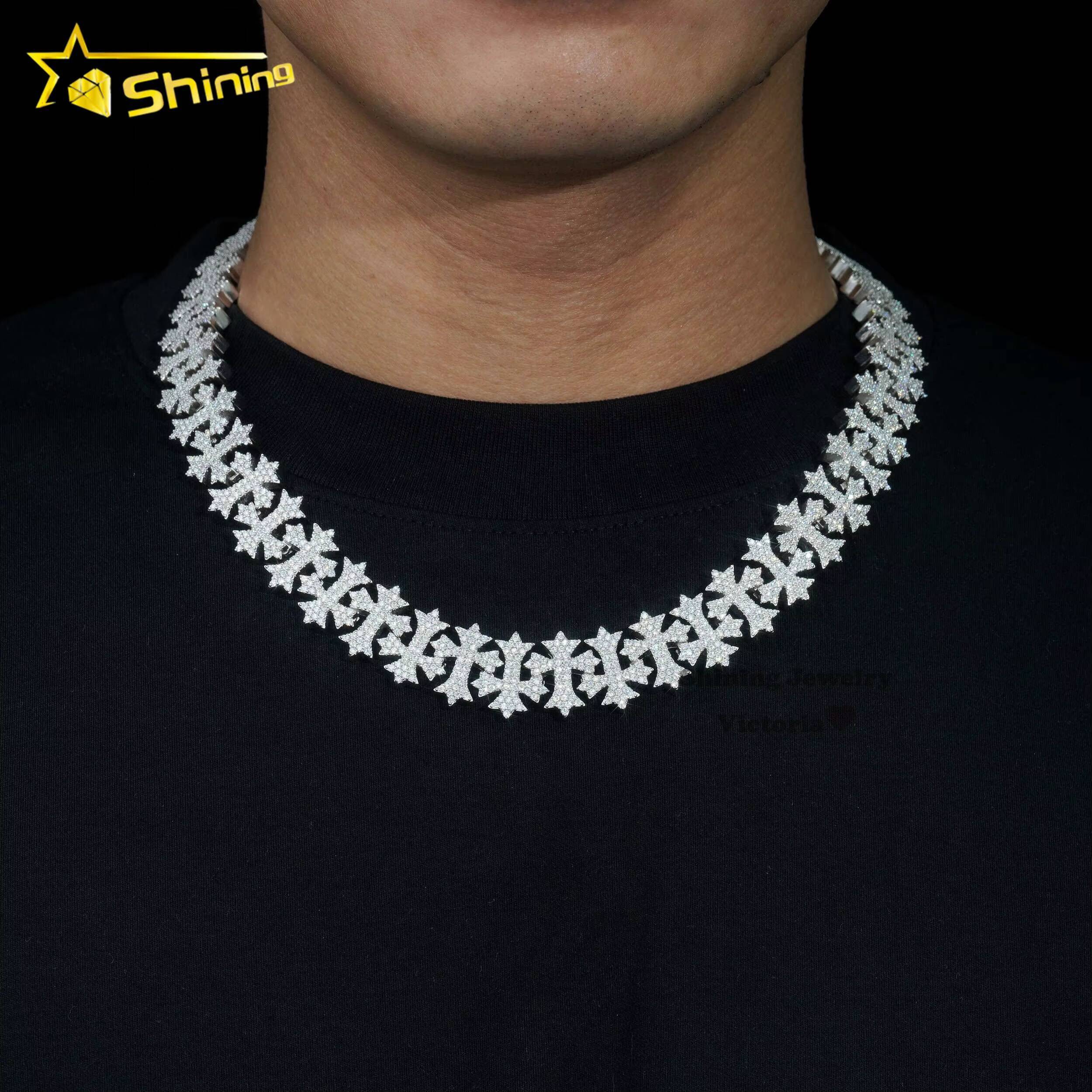 Shining Jewelry Hip Hop Rapper Style Necklace 925 Sterling Silver 8mm 18mm Iced Out Vvs Moissanite Cross Charm Cuban Link Chain