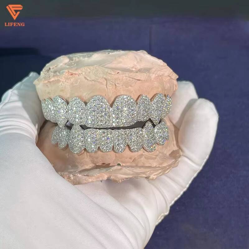 Lifeng Jewelry Deep Perm Cut Grillz Custom VVS Moissanite Hip Hop Honeycomb Grillz 16/20 Teeth White Gold Diamond Ice Out Grillz