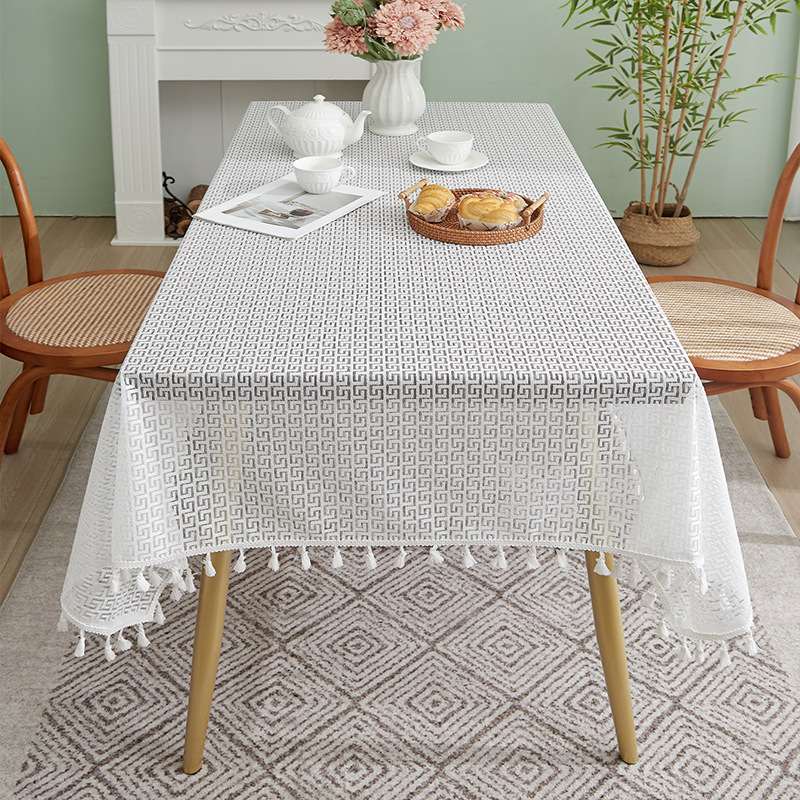 Hollow-out tablecloth, cotton and linen, artistic and sophisticated rectangular tablecloth, coffee table cover, stain-resistant 9DSS01