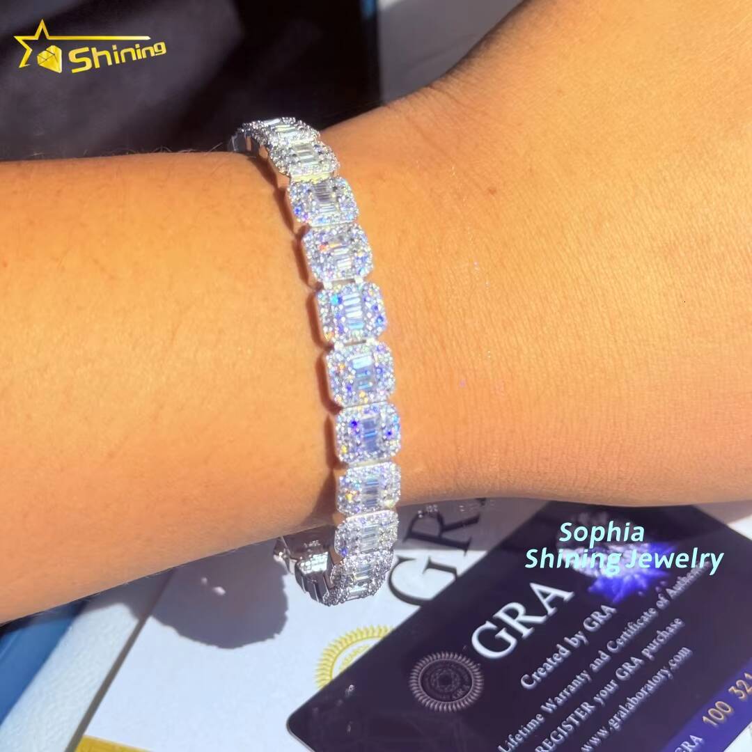 Unique Design 10mm Chain Iced Out baguette 925 Sterling Silver Hip Hop VVS Moissanite Cluster Tennis Cuban Link Chain Bracelet