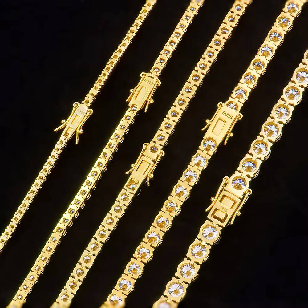 High Quality Yellow Gold Plated Bracelet 2mm -6mm Silver 925 VVS1 Moissanite Round Shape Tennis Chain Bracelet