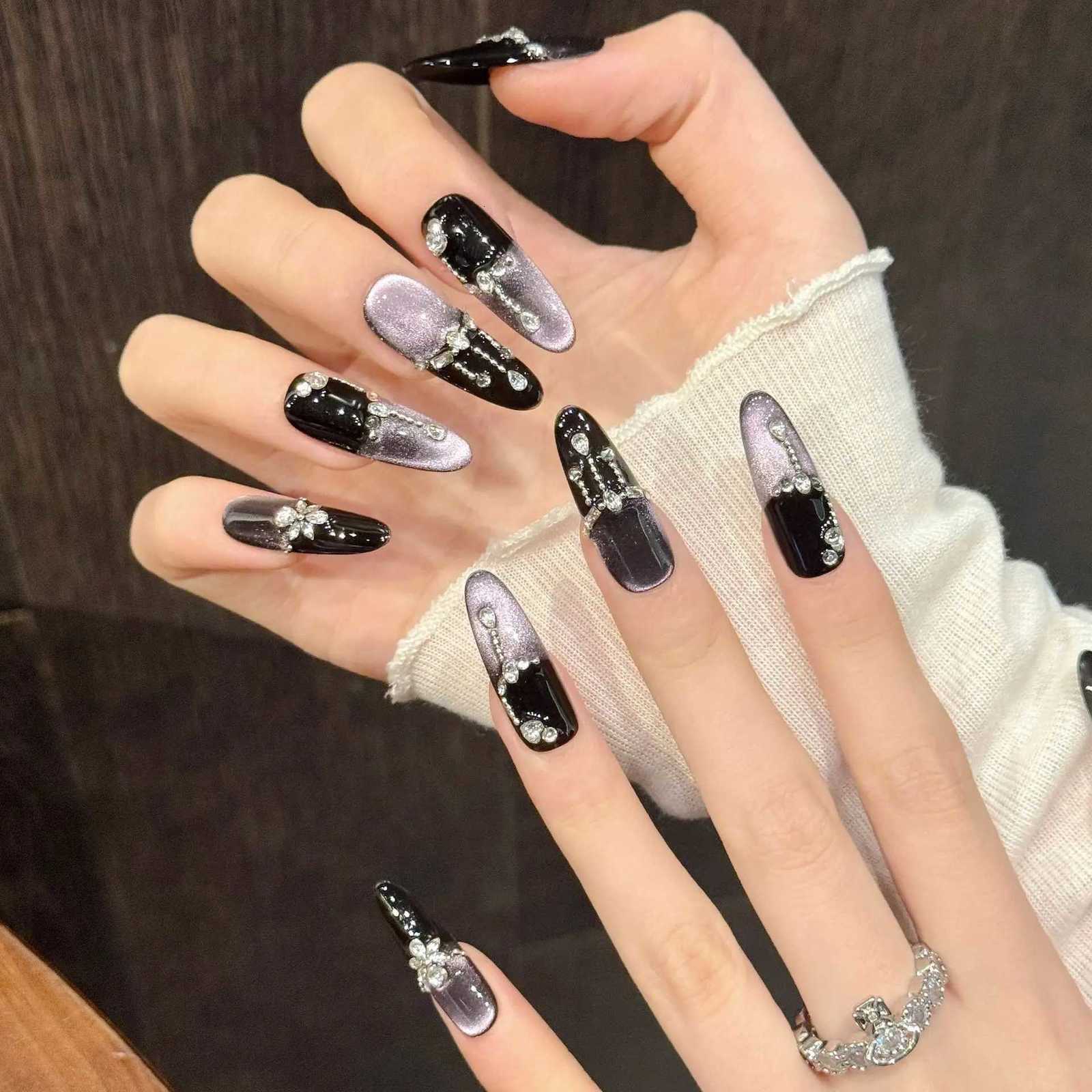 10pcs Leopard Print Pink Nails Set Press on French Long Oval Handmade Fake Nails Tips Bow Diamond Design False Nail Art WearableT251118T251119