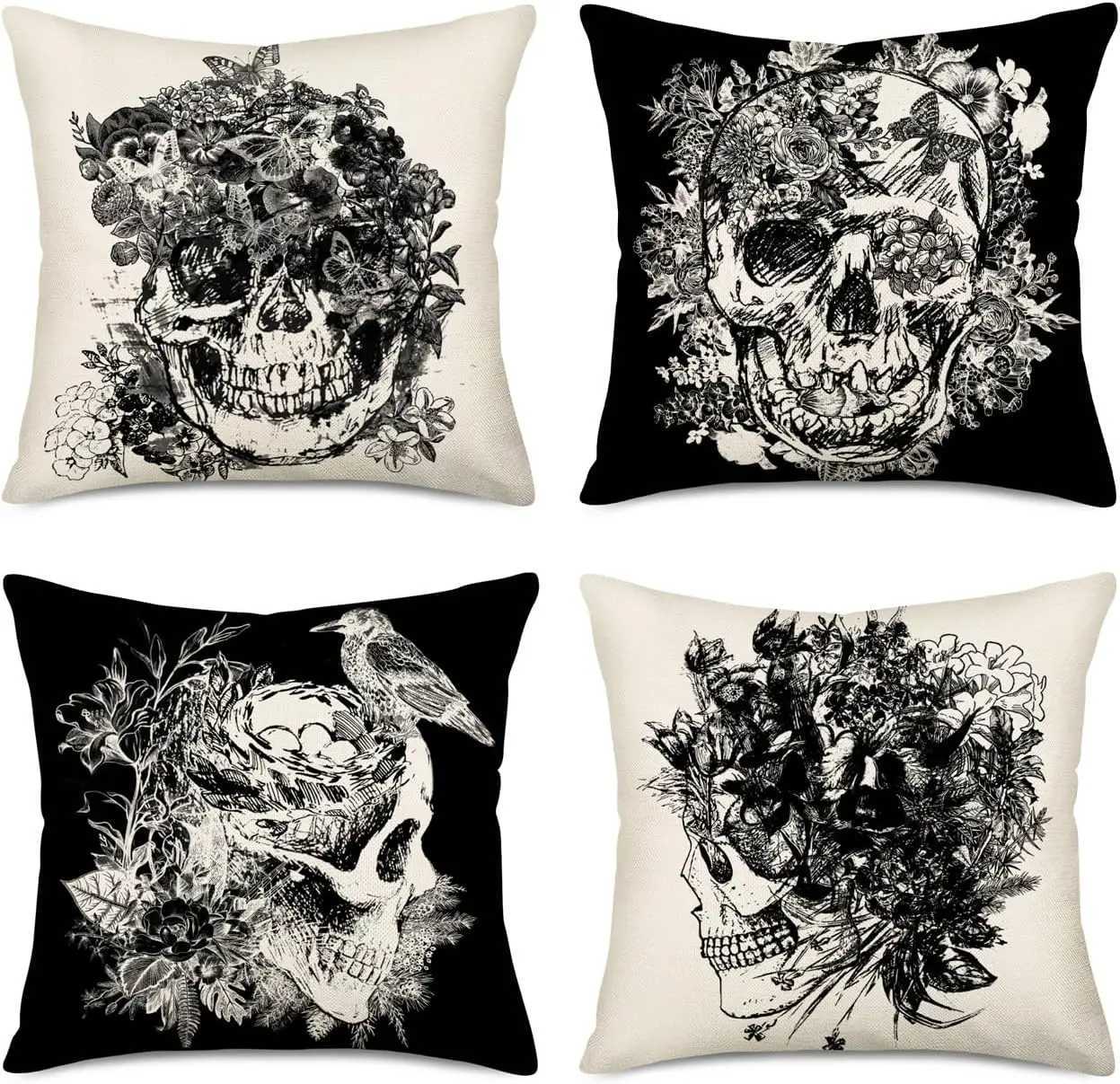 Set of 4 Halloween Decorative Cover Vintage Floral Skull Gothic Crow Throw Case Cotton Linen White Black StyleM251119