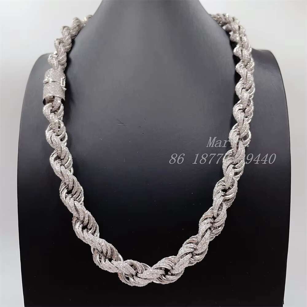 Drop Shipping White Gold 925 Sterling Silver 15mm Micro Pave Vvs Moissanite Diamond Rope Chain Necklace