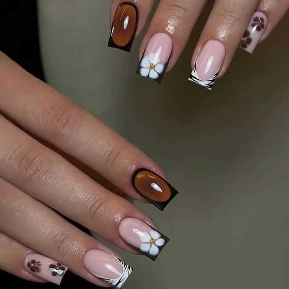 24Pcs Short Square Head False Nail with Purple Leopard Print Cats Eye Design Press on Nails Tips Reusable Full Cover Fake NailsT251118T251119