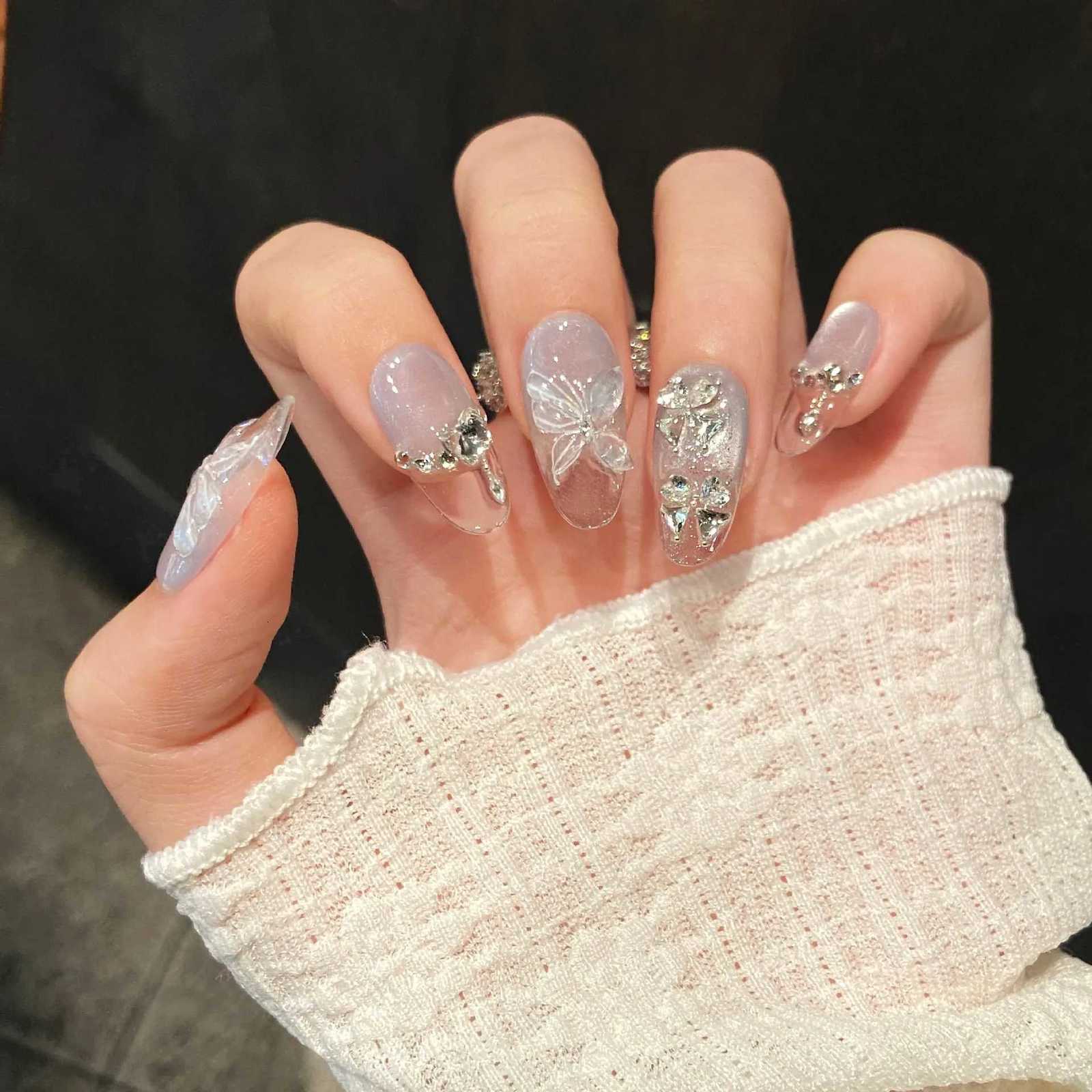 10pcs Blue Cat Eye Almond Handmade Press on Nails 3D Butterfly Fake Nails False Nail Artificial Nail Uas T251118T251119