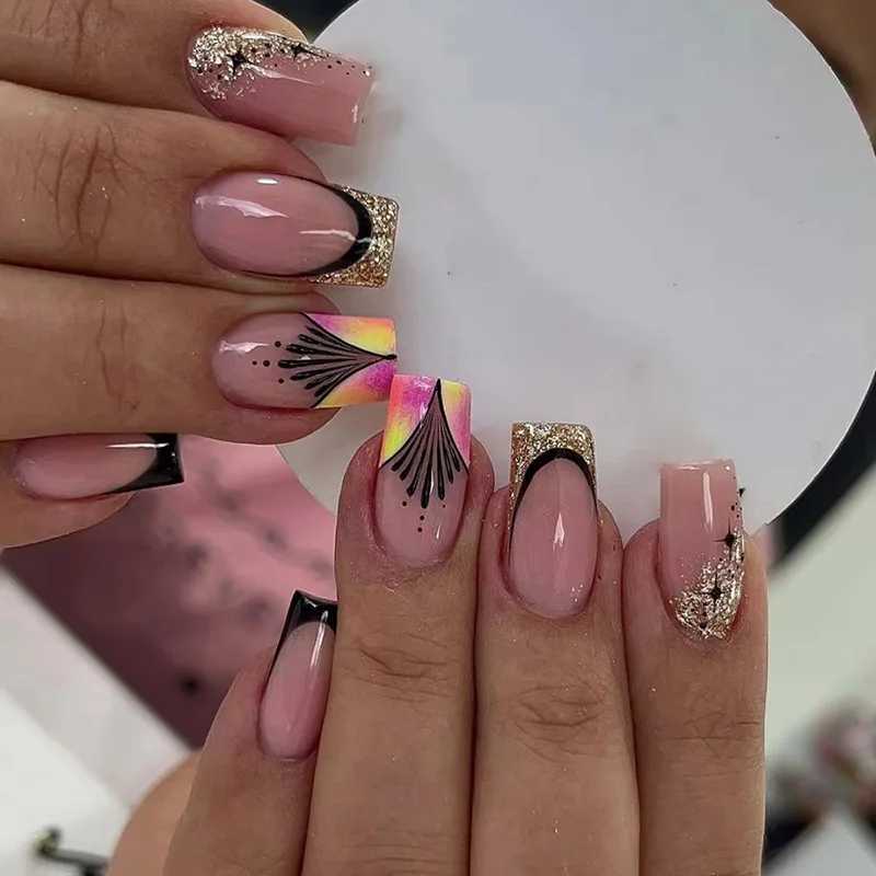 24Pcs Mid-length Square French False Nails Press on 3D Flower Crocodile Grain Design Fake Nails Detachable Full Cover Nails TipsT251118T251119