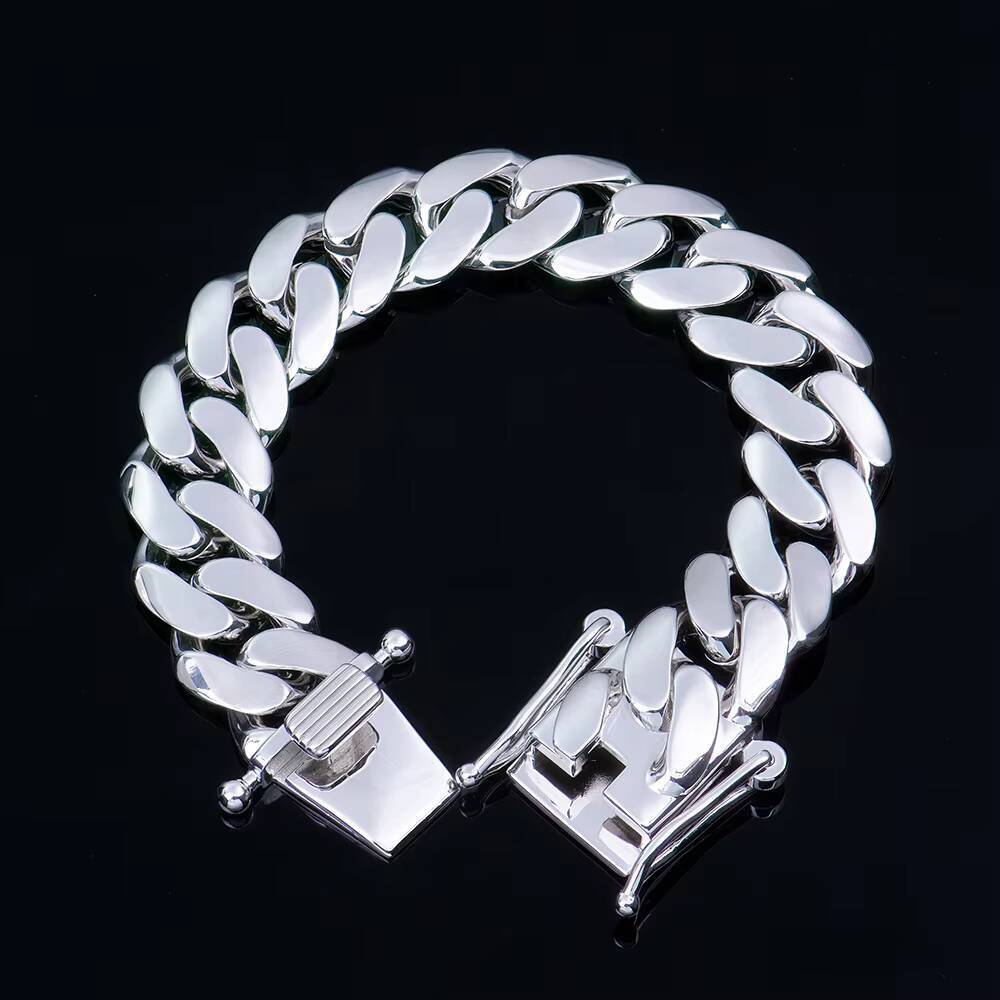 Custom Men Hiphop 18mm Diamond-Cut White Gold Plated 925 Sterling Silver High Polished Plain Cuban Bracelet Necklace Link Chain