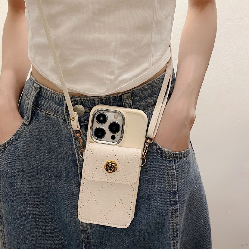 Camellia Card Holder Phone Case Compatible with iPhone 17/16 Pro Max Crossbody Strap Fashion Soft Protective Case iPhone 15/14