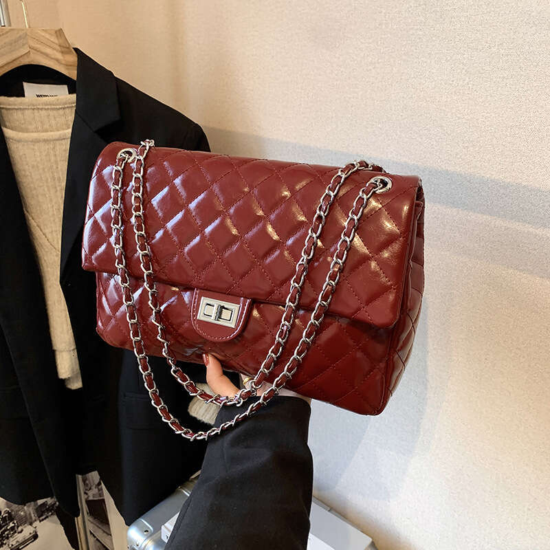 Women's Commuter Large capacity women's shiny face airport Diamond grid chain shoulder Tote bag