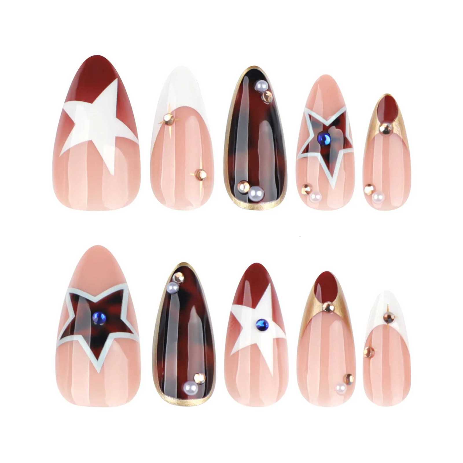 Autumn Brown French Press On Nails 24Pcs Y2K Girls Wearable Fake Nails Star Printed Spicy Girls Charm Manicure Diamond DecorT251118T251119