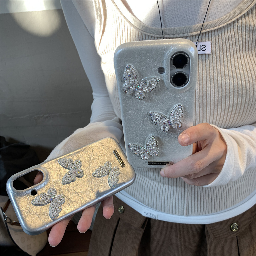 Pearl Butterfly Phone Case Compatible with iPhone 16/15 Pro Max Simple Solid Color Cartoon Protective Case iPhone 14/13/12