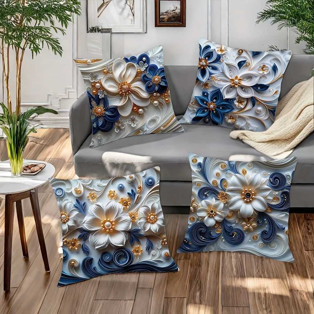 4pcs Elegant Floral Covers Luxe Blue White Gold Design Perfect for Living Room Holiday Home DecorM251119