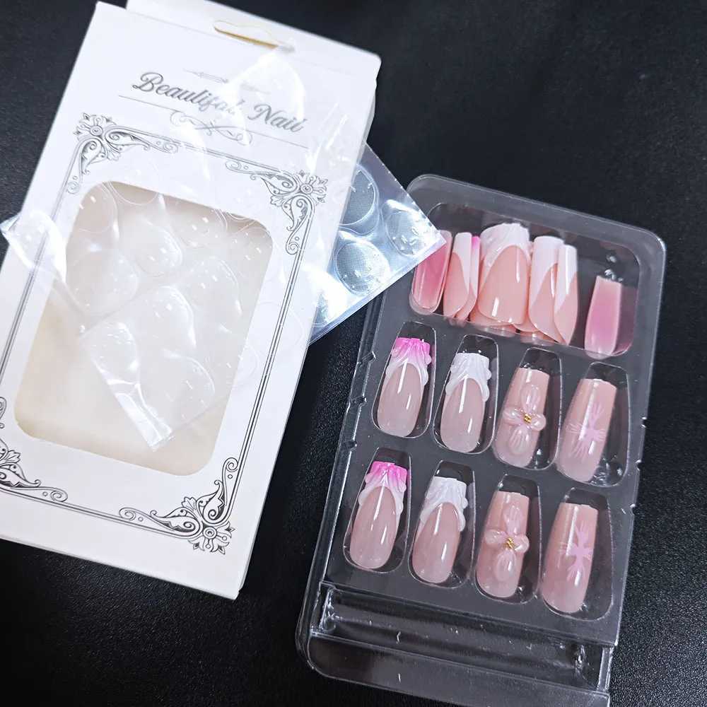 24Pcs/boxed Gradient Pink Flowers Fake Nails With 3D Carving Blossom Flowers Press On Nails Christmas Wearable False Nail SetsT251118T251119