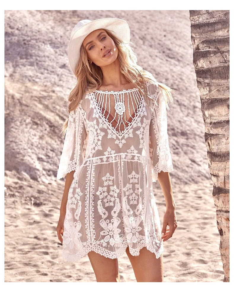 2024 See Through Beach Covered Lace Bikini Womens Summer Vneck Swimsuit Kimono Solid Sunscreen Loose Biquini 250415Z