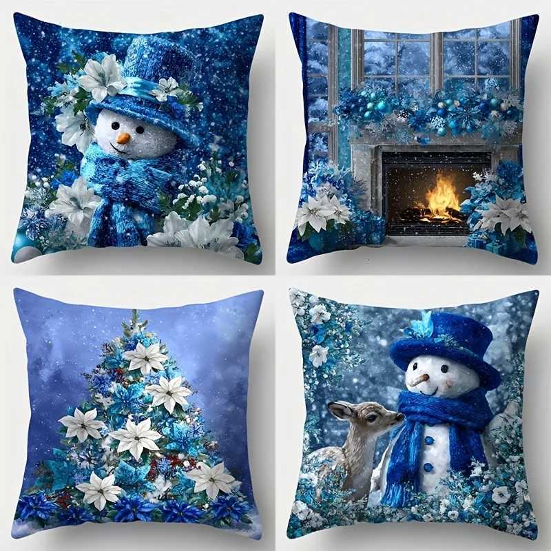 4pcs Christmas Covers Royal Blue with Snowman Blue-White Floral Fireplace Design Festive Decor for Living Room SofaM251119