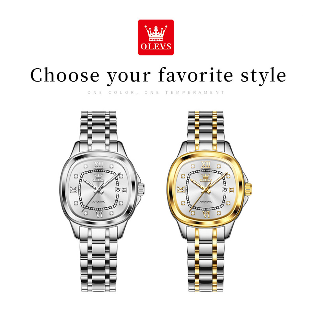 OLEVS Designer Automatic Mechanical Watch Wine Barrel Square Steel Band Calendar Women's Waterproof Luminous Luxury Men's Wristwatch Free Sh