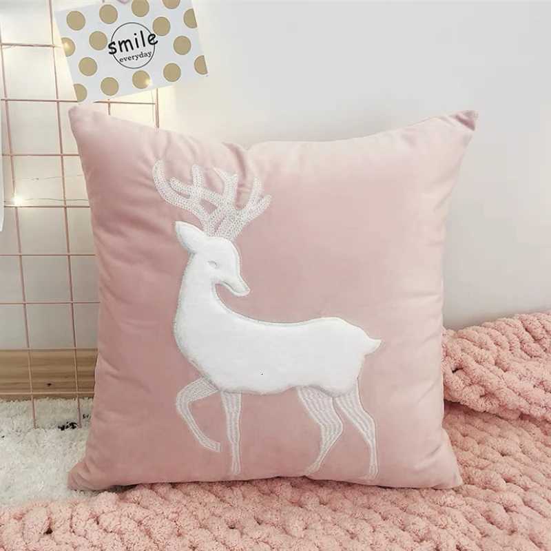 Festival Case Pink Gray Velvet Deer Christmas Gift Applique Embroidery Square Cushion Cover 45x45cm 1 Piece PackM251119