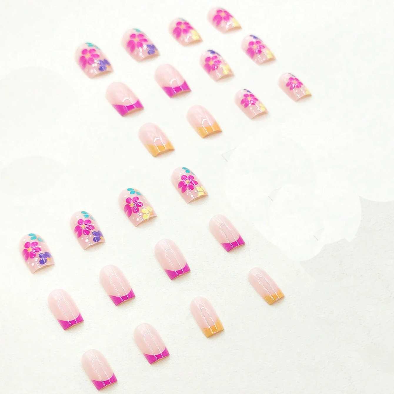 24PCS-Short Square Fake Nail Flower Three-Dimensional Embossed Design Bare Color Fake Nail Fully Covered Acrylic NailT251118T251119