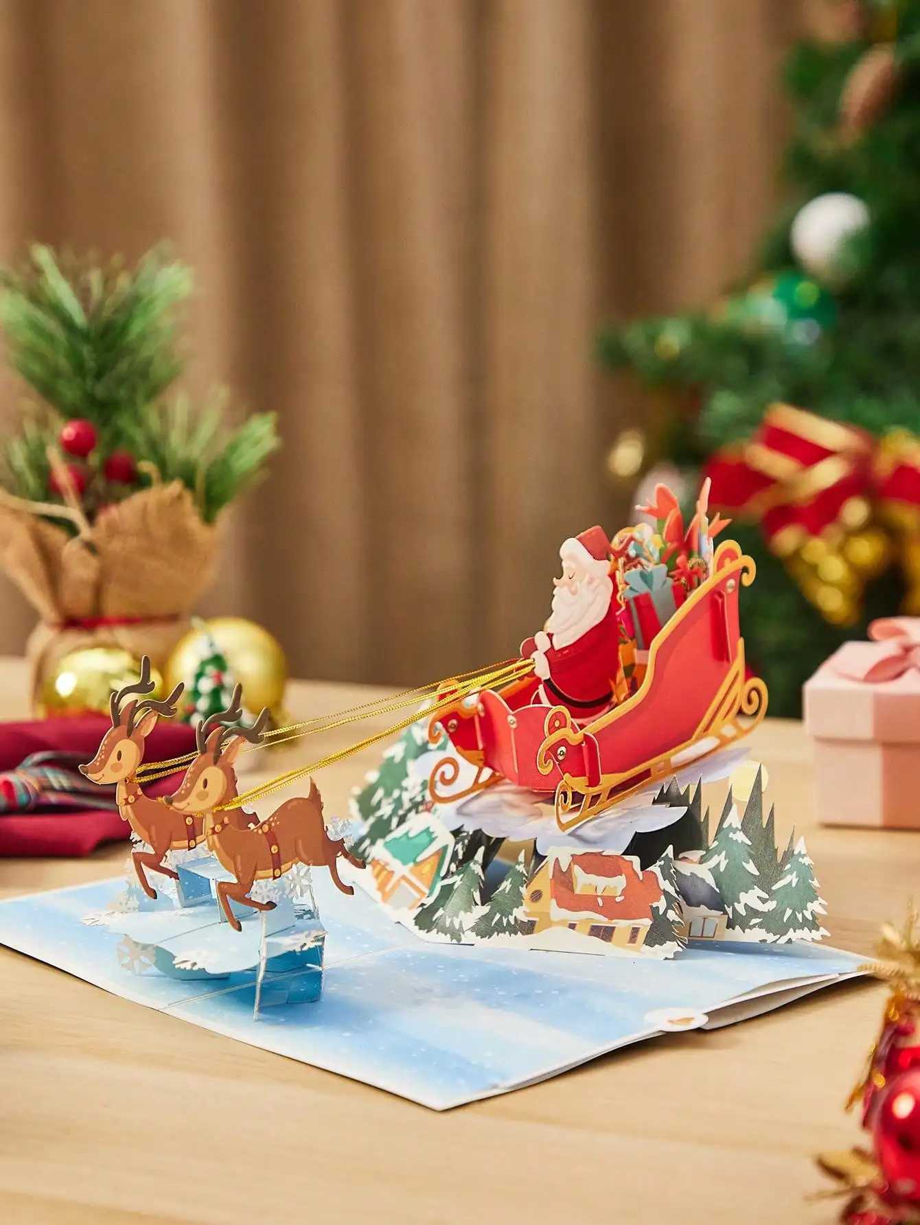 Christmas Sleigh Pattern Pop-Up Card - Santa Riding Design for Kids Holiday Gifts Greetings G251119