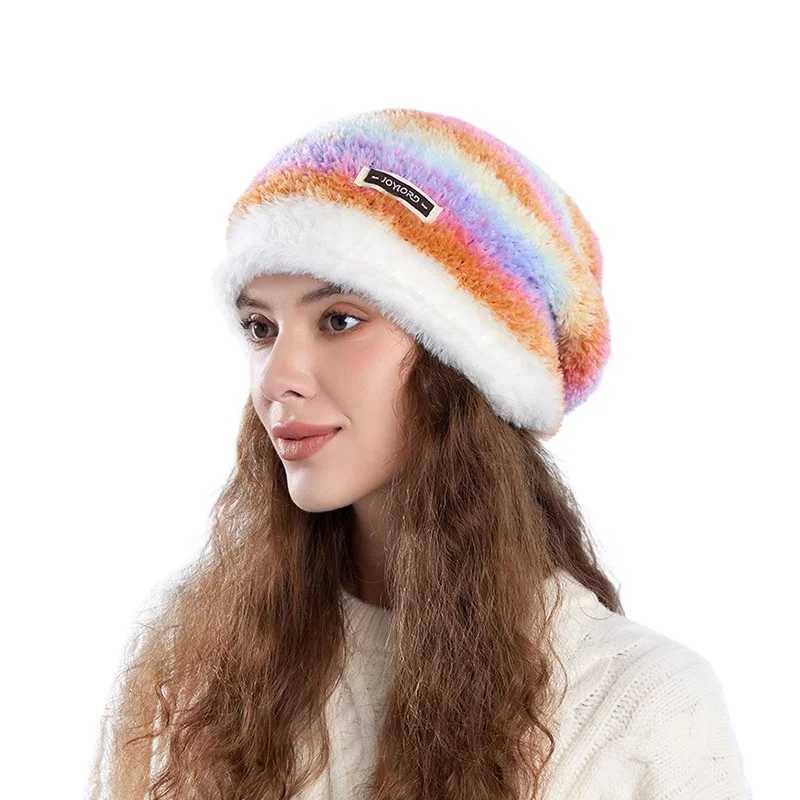 Plush Ombre Slouch Beanie for Women Soft Faux Fur Winter Hat with Ear Coverage Chic Gradient Knit Cap for Cold Weather G251119