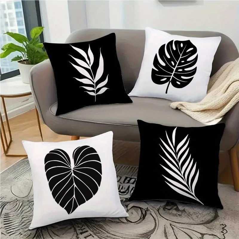 4pcs Set of Simple Black and White Leaf Pattern Covers Available in Three Sizes Square Soft Polyester Cushion Covers wiM251119
