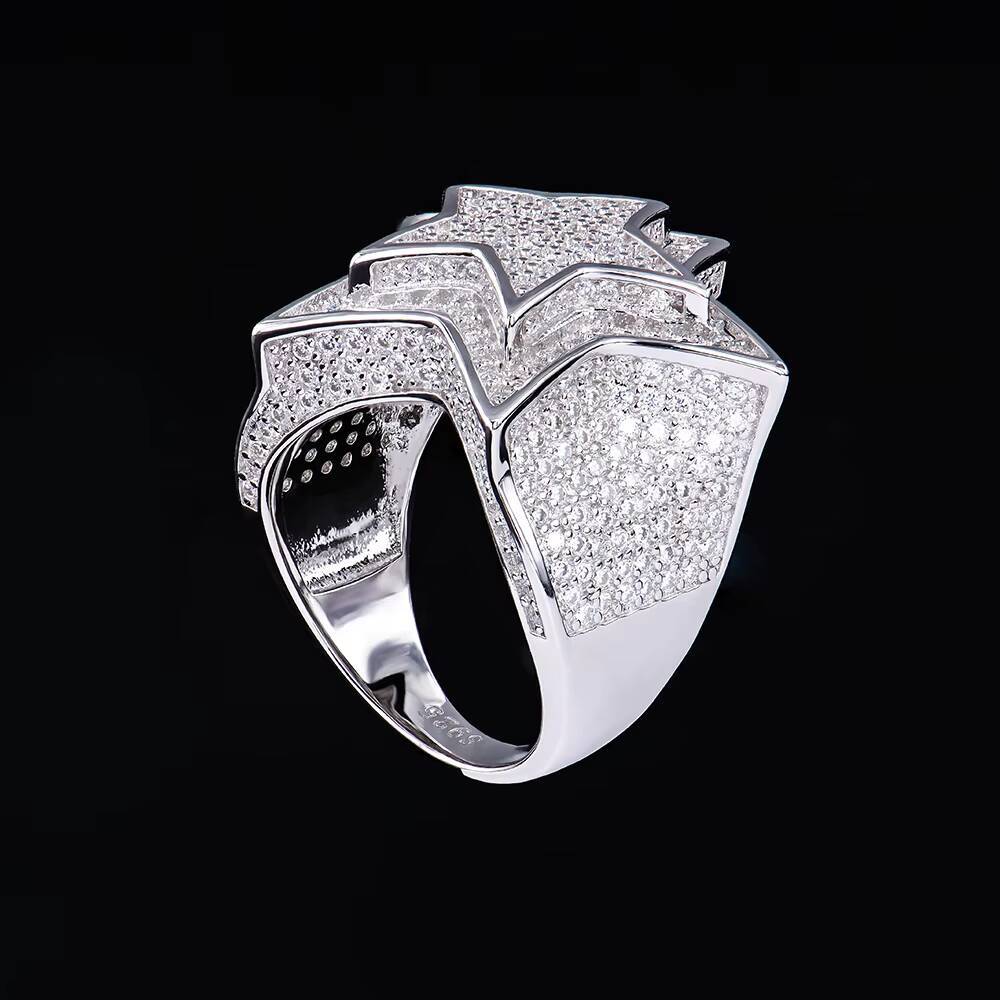 925 Sterling Silver Jewelry Hip Hop Style Pass Diamond Tester D VVS Iced Out Moissanite Double Layers Star Ring for Rapper Men