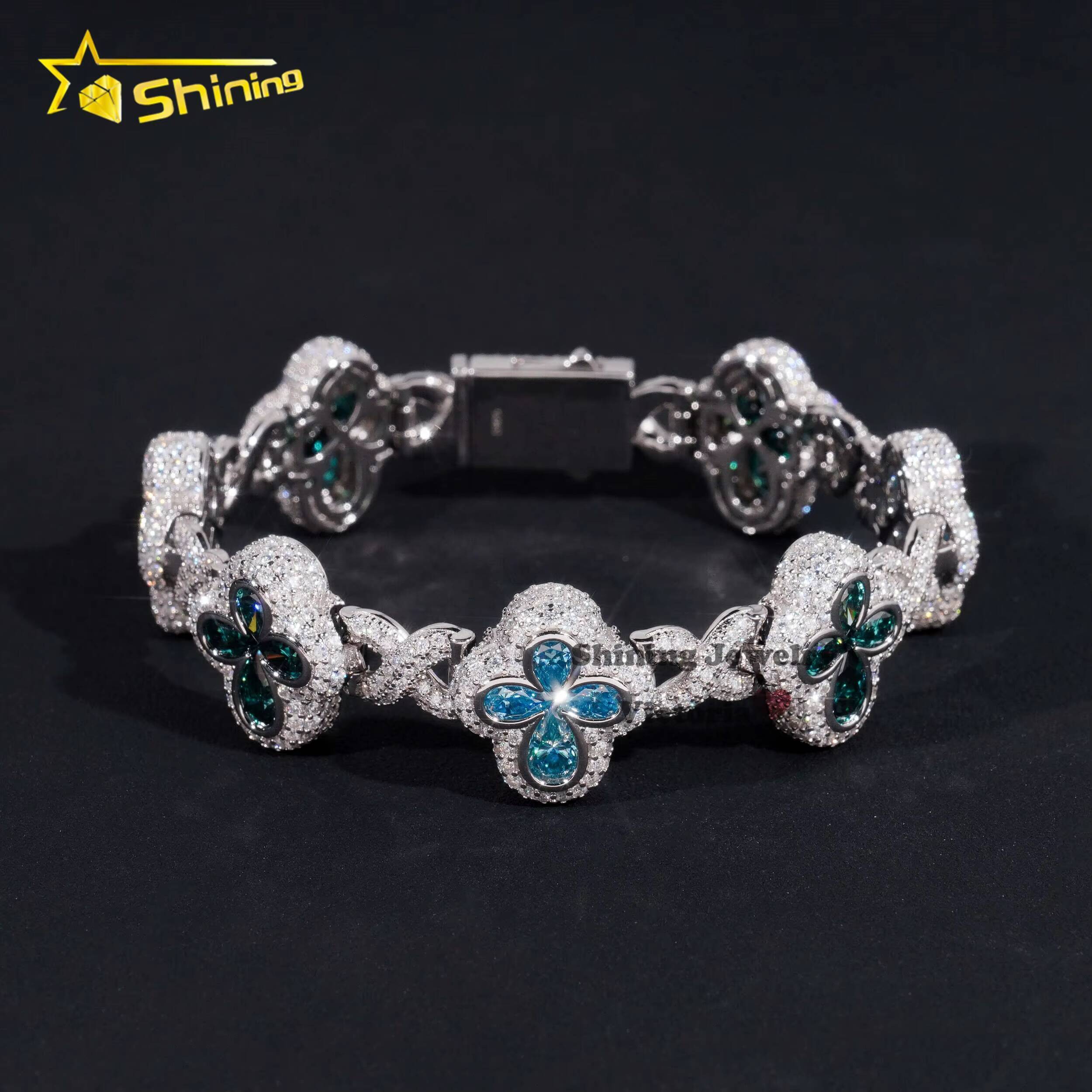 New Arrival Bling Hip Hop Jewelry 925 Sterling Silver Colored Pear Moissanite Diamond Iced Out Clover Infinity Link Bracelet Men